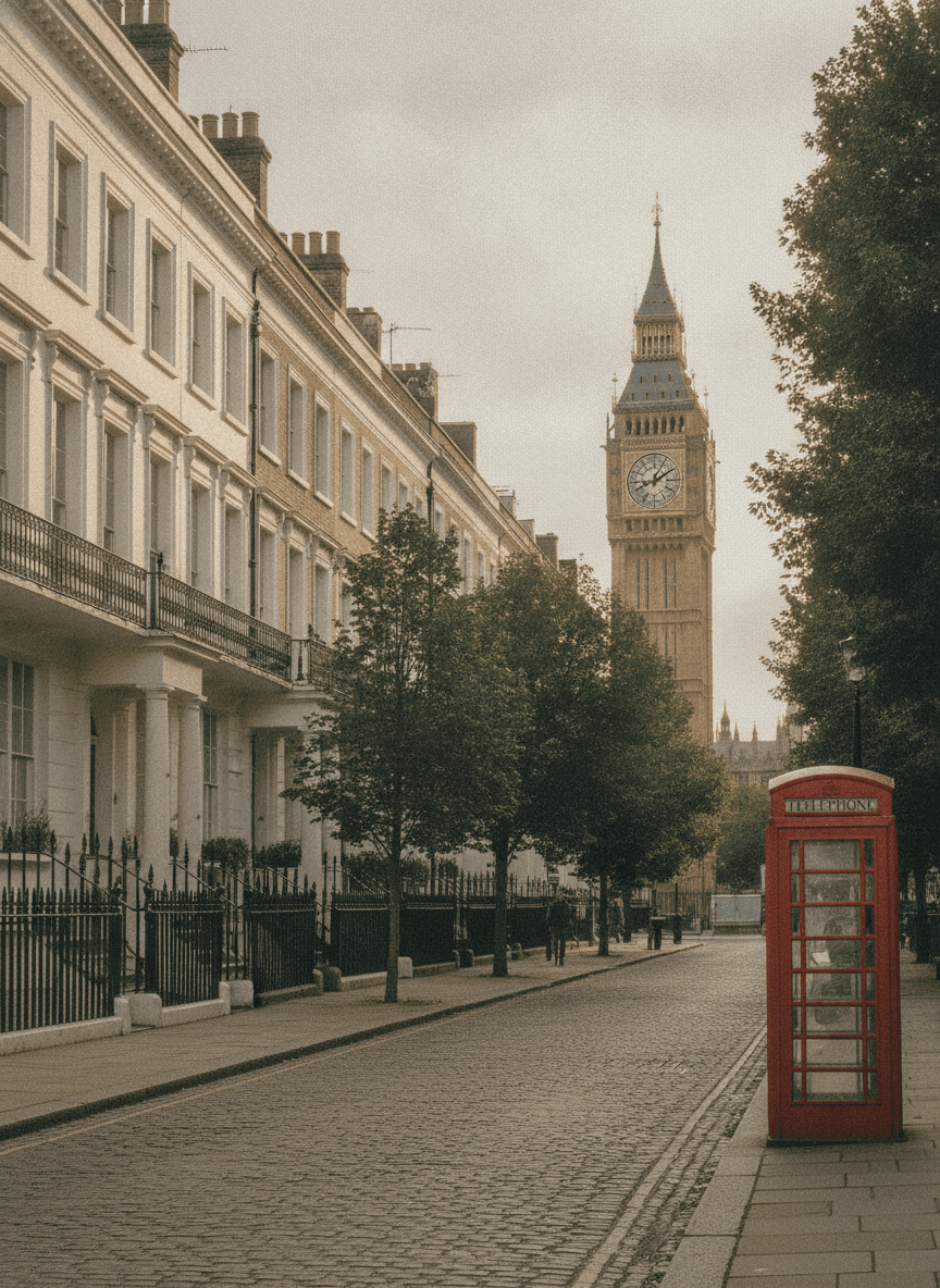 A leafy Georgian street in a British city, with a red telephone box and a clock tower in the distance