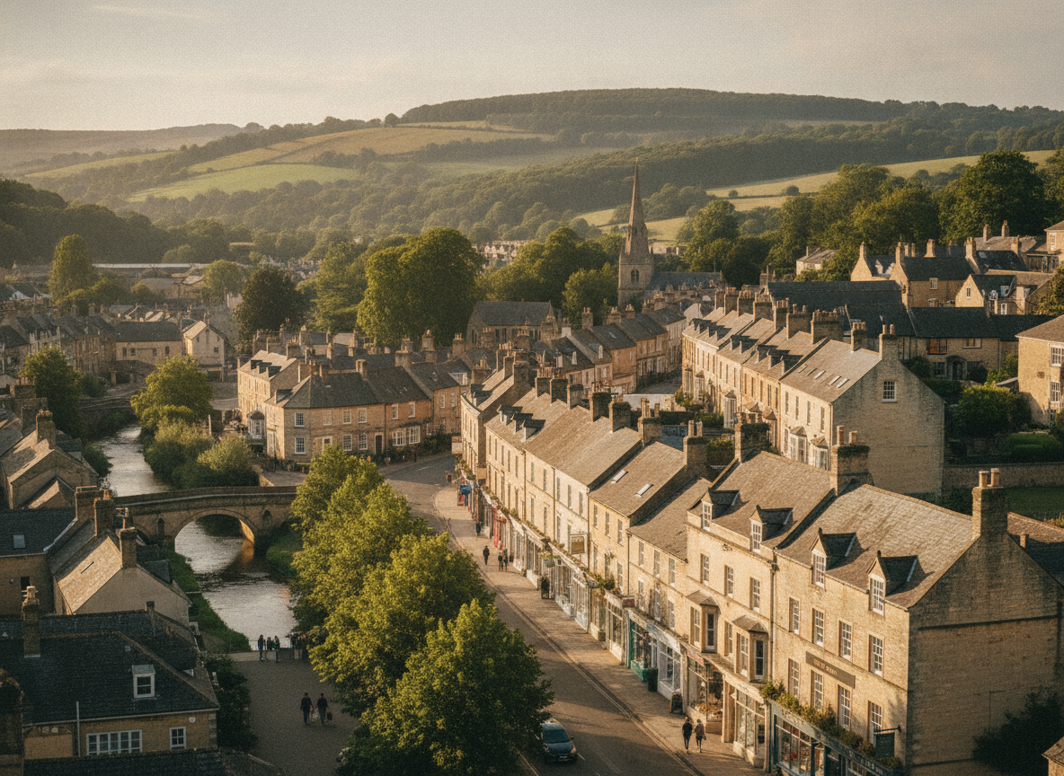A sought-after English town at golden hour, seen from above